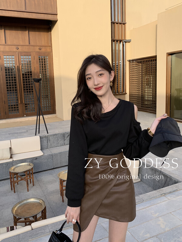 [ZY] Fashionable single leaky shoulder slanted shoulder various wearing French sweater 18067