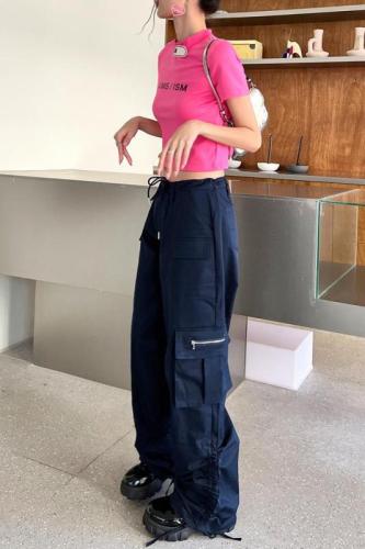 Real shot  autumn dress new American style straight tube casual pants female draw rope fold drag floor loose wide leg cargo pants tide