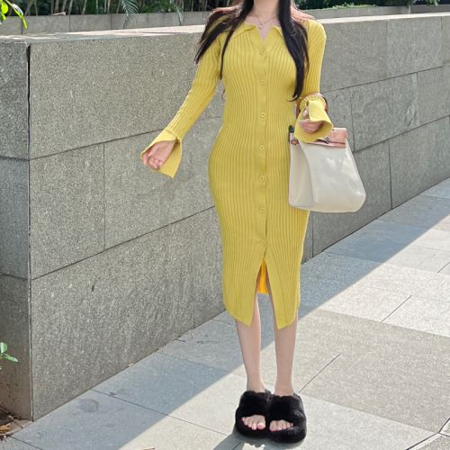2022 autumn and winter new outer wear long thin slit knitted mid-length dress thin long skirt