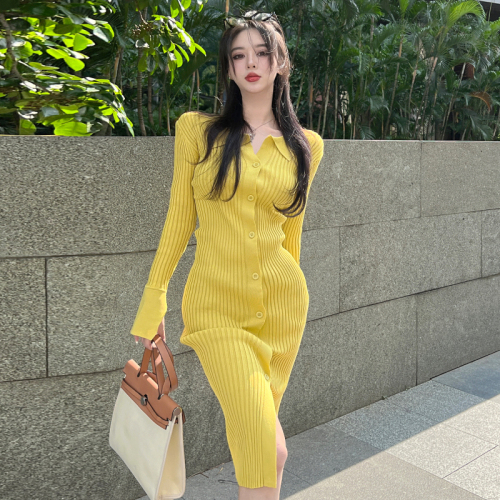 2022 autumn and winter new outer wear long thin slit knitted mid-length dress thin long skirt