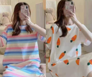 [Buy one get one free] Sleeping dress female summer loose plus size pajamas female summer medium long short sleeve home clothes cute in