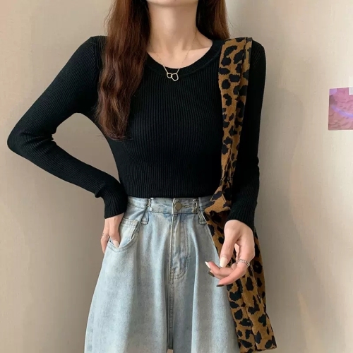 Sweater  autumn winter new female slim black inside build undershirt foreign style round collar long sleeve early autumn knit jacket