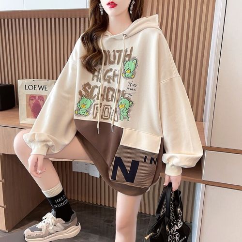 Real photo-winter dress Korean version loose back bag collar milk silk composite plus velvet print letter plus size women's hoodie woman