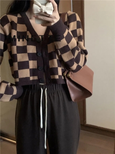 Knitting Sweater Women 2022 Korean version loose French plaid shorts long sleeve knit cardigan coat