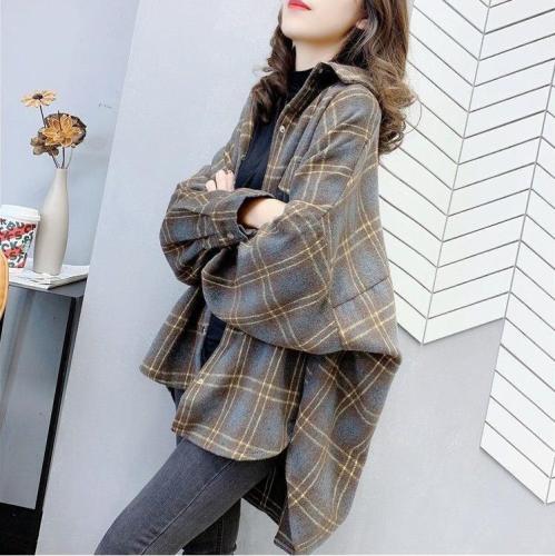 New loose shirt plaid top plaid mid-length brushed thick woolen shirt