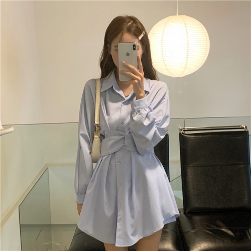 Fall 2022 new collect waist show thin Korean version of the POLO collar single breasted shirt dress blue long sleeve dress women's wear