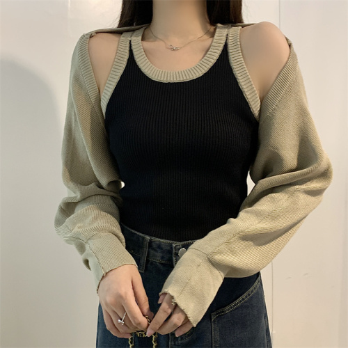 Real shot does not reduce the hot girl suit short section small camisole top long-sleeved knitted blouse jacket fashion two-piece set