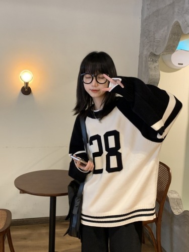 Ayi 820g digital sweater college style lazy sweater women's early spring new loose outer wear knitted sweater top