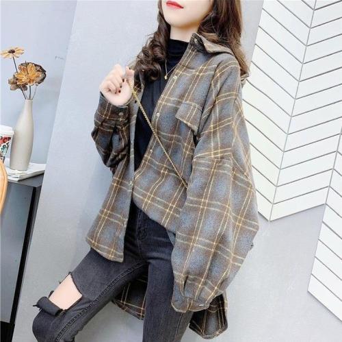 New loose shirt plaid top plaid mid-length brushed thick woolen shirt
