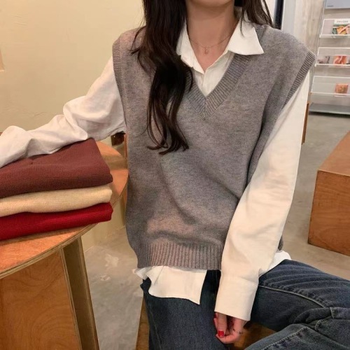 v collar campus wind vest female autumn winter new style thick loose casual vest sweater jumjacket vest female