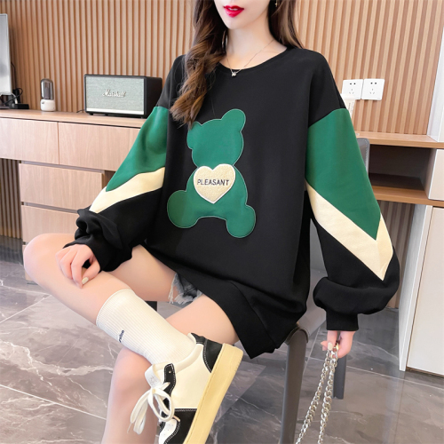 The first real shot cotton autumn thin Korean version of the long contrast color embroidery long sleeve hoodie female fashion