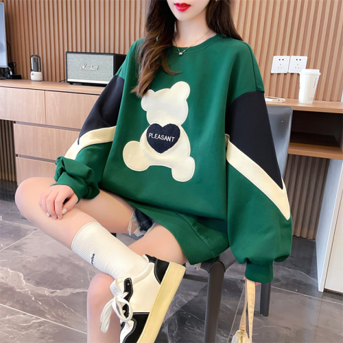 The first real shot cotton autumn thin Korean version of the long contrast color embroidery long sleeve hoodie female fashion