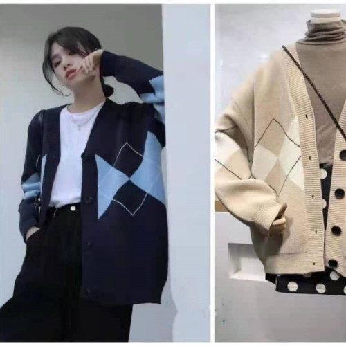 Korean British navy blue diamond Plaid knitted cardigan sweater loose V-neck medium length jacket women's College style