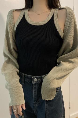 Real shot does not reduce the hot girl suit short section small camisole top long-sleeved knitted blouse jacket fashion two-piece set