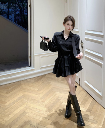 Real price real shot Korean feminine two color texture ribbon temperament collect waist long-sleeved shirt dress