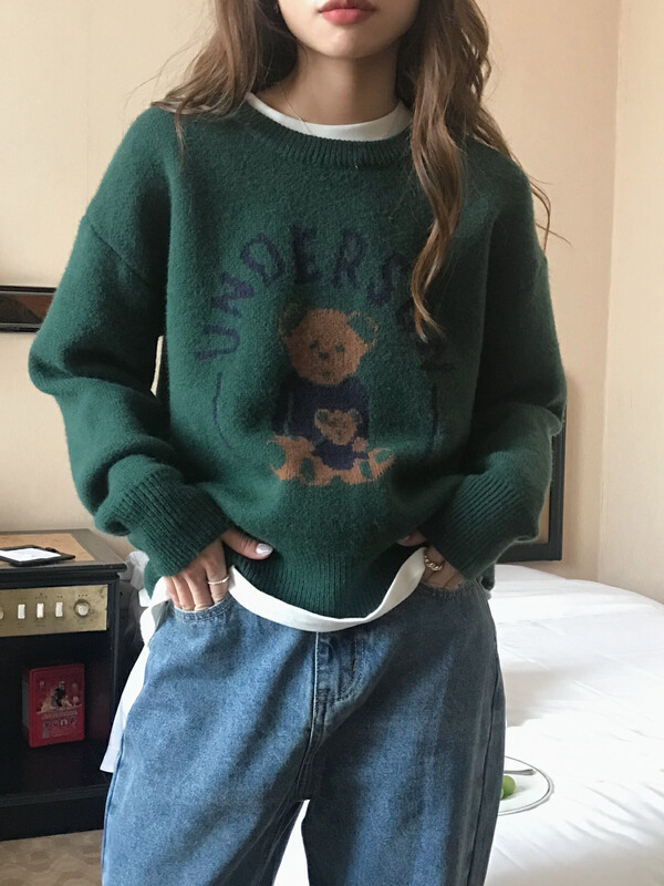 【LOVELY/SHMILY】Western style all-match bear jacquard sweater sweater M0866