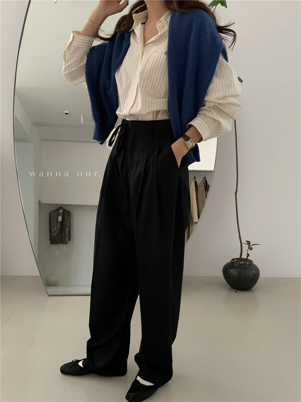 Autumn on the new![WANNA] High waist straight tube wide leg trousers 89559 # ZXL
