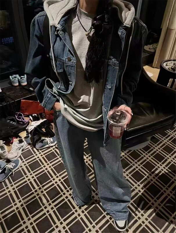 Autumn on the new![C.H.Z] Korean-washed breasted denim jacket (with removable hat) 91163 # WTT