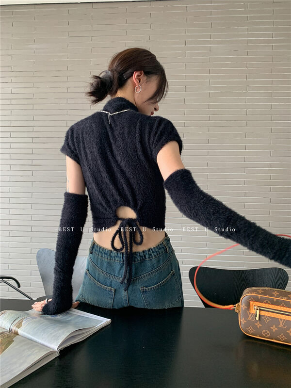 New in autumn! [BEST U] Half turtleneck short-sleeved back strap knitted sweater (with sleeves) 83610# LSW