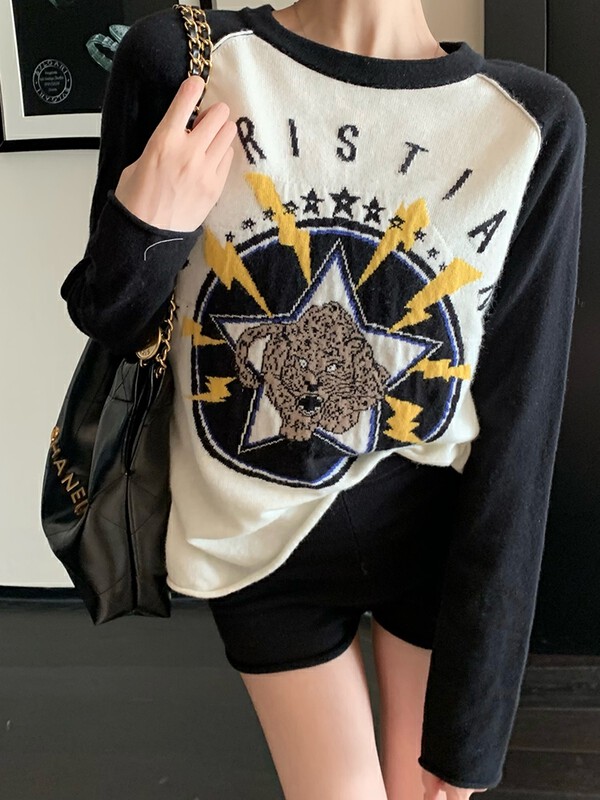 [Yi Kaoru] Skin-friendly simple round neck contrast letters cartoon tiger stitching long-sleeved pullover sweater 0206# HYY