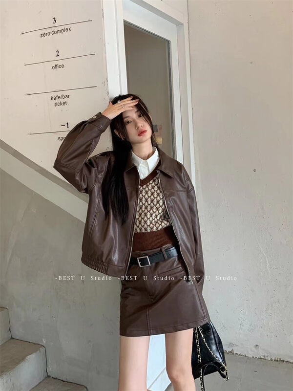 New in autumn!【BEST U】High waist A-line PU leather skirt 99079# LSW
