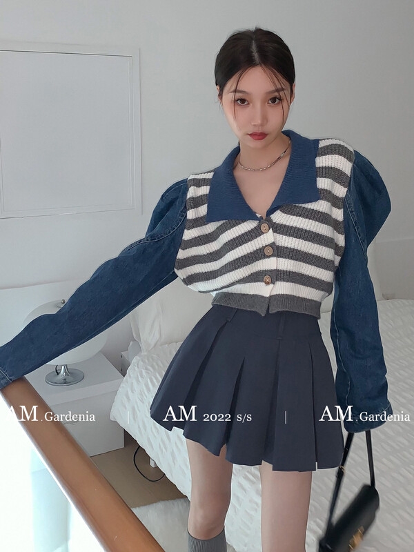 New in autumn! [AM GARDENIA] Korean version of ins net red wind retro puff sleeve stitching denim sweater 3103-1# ZXX