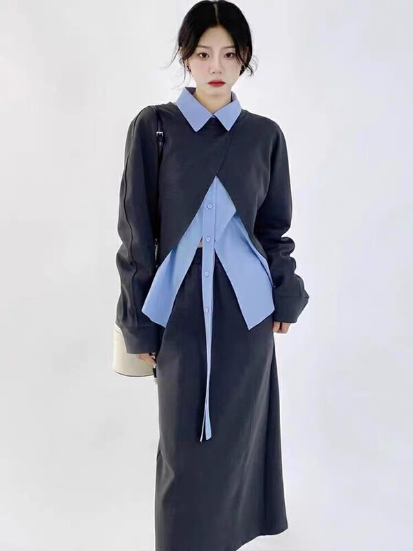 New in autumn! [Huaxi] Irregular fashion retro sweater + high waist skirt suit (without necklace) 9663# PCZ
