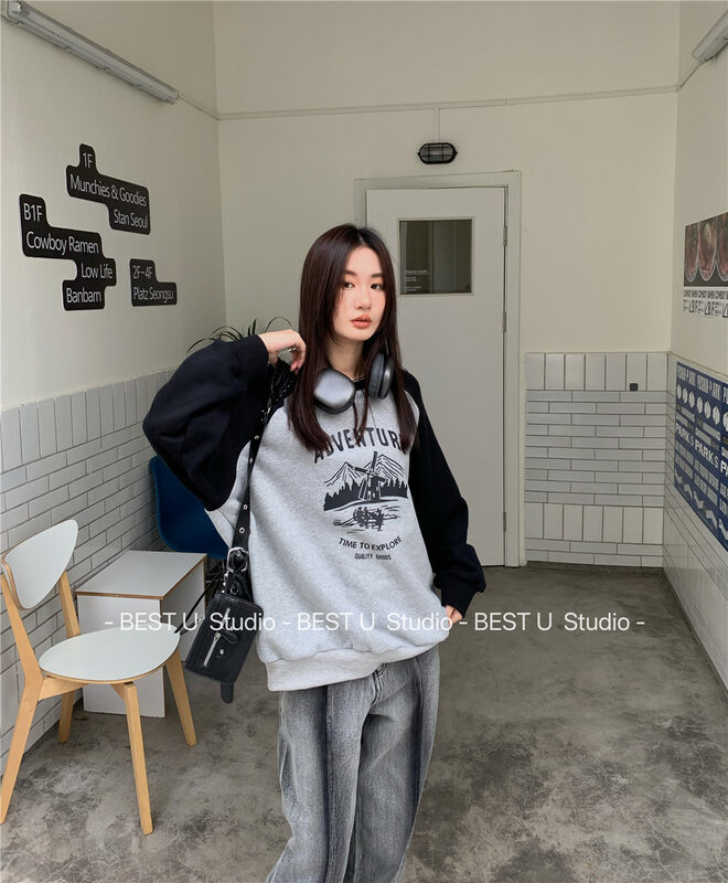 【BEST U】Korean pattern contrast color raglan fleece sweater 60331# LSW