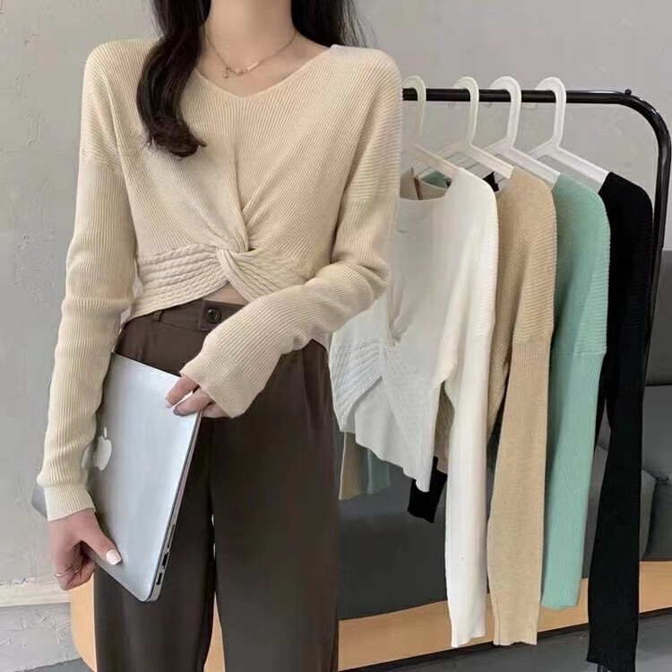 New in autumn!【F·P】Solid color kink design short knitted sweater M2502# HBX