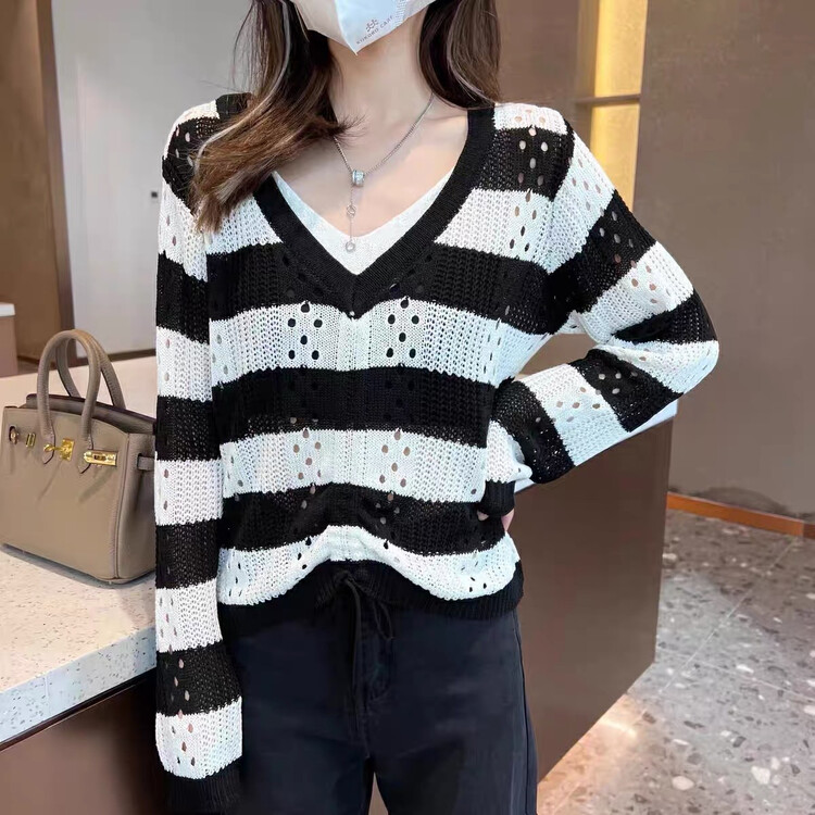 New in autumn! [F·P] Design V-neck stitching fake two-piece hollow drawstring sweater 01025# HBX