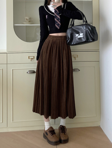  autumn new black pleated skirt women's mid-length all-match high-waist a-line long skirt