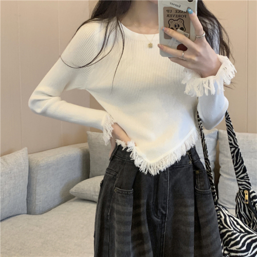  early autumn irregular tassel black long-sleeved sweater women's design T-shirt short top trend