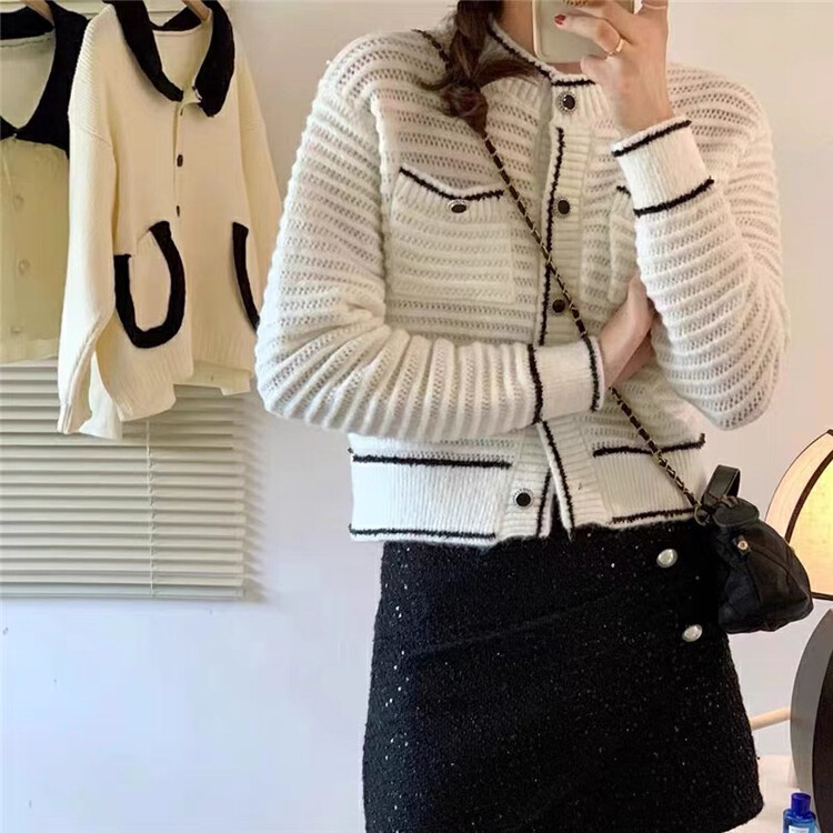 Autumn on the new![F · P] Temperament small fragrant wind round collar contrast color hollow out warm sweater 47177 # HBX