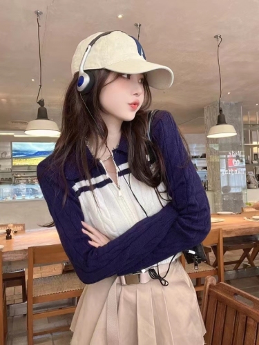 Early autumn  college style girl polo collar zipper bump color knit cardigan Korean version versatile slim short top