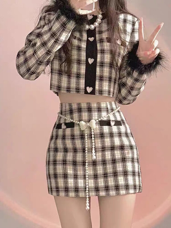 Autumn on the new![Huaxi] Tweed plaid top + high-waisted skirt suit 9840 # PCZ