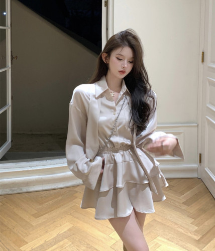 Real price real shot Korean feminine two color texture ribbon temperament collect waist long-sleeved shirt dress