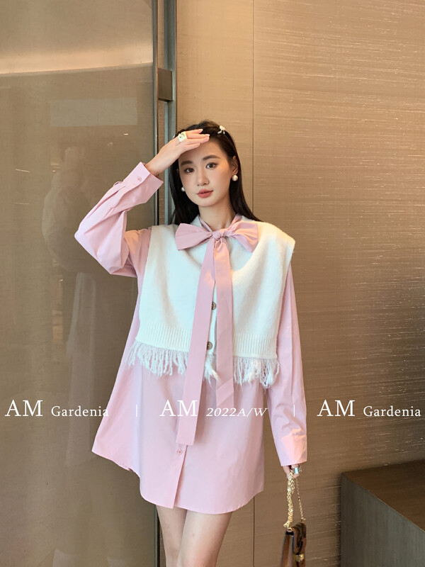 Autumn on the new![AM GARDENIA] Korean shirt dress + tassel knit vest set 1265 # ZXX