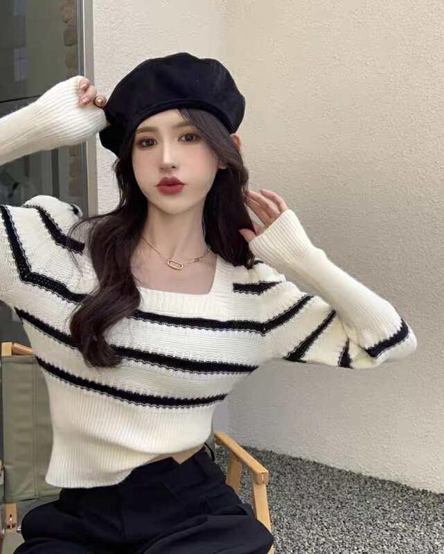 Autumn is new!【F·P】Korean style striped inner warm sweater with a sense of niche design 70205# HBX