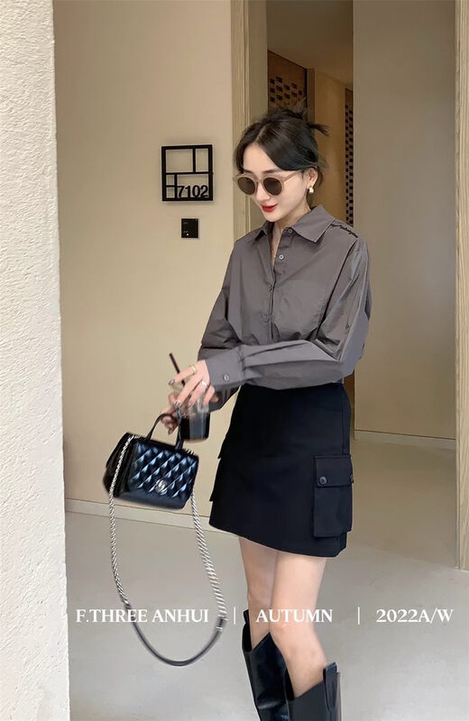 New in early autumn! 4 [F.THREE three sisters] high waist casual large pocket tooling skirt (with belt) 95323# XJ