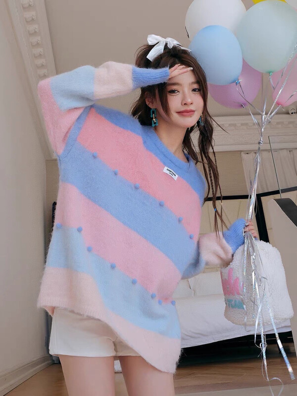 New in winter! [NANCY] Striped color-blocked fur ball round neck pullover long-sleeved sweater J7007# WPL