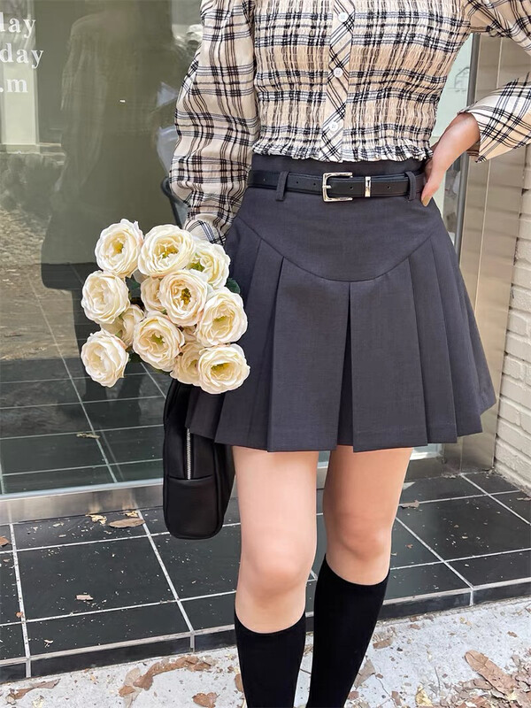 New in autumn! [Huaxi] High waist pleated casual skirt (with belt) 9705# PCZ