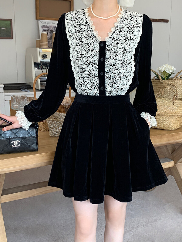 New in autumn!【NEW OPEN】velvet pleated high waist a-line skirt FQ80523# ZXX