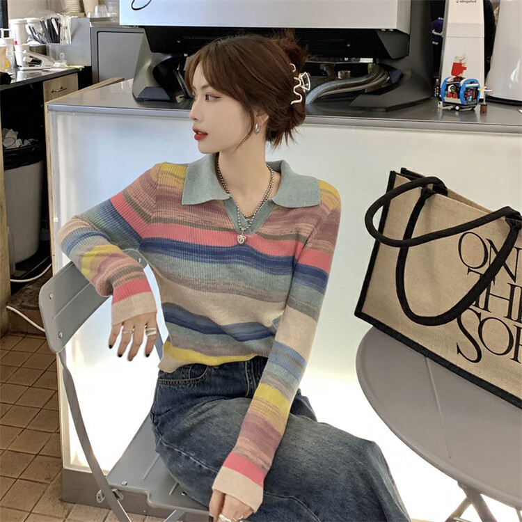 Early autumn new style!【F·P】Polo collar rainbow striped sweater k305-1# HBX
