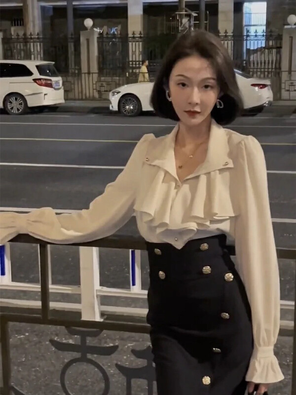 Autumn on the new![Huaxi] French flounce shirt + high waist strapless skirt suit 9781 # PCZ