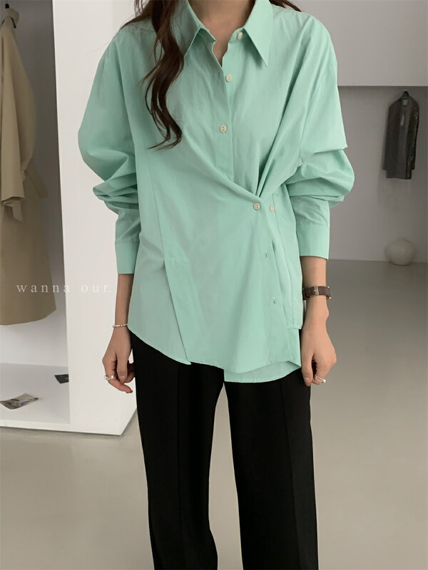 New in autumn! [WANNA] slant button casual all-match shirt 89628# ZXL
