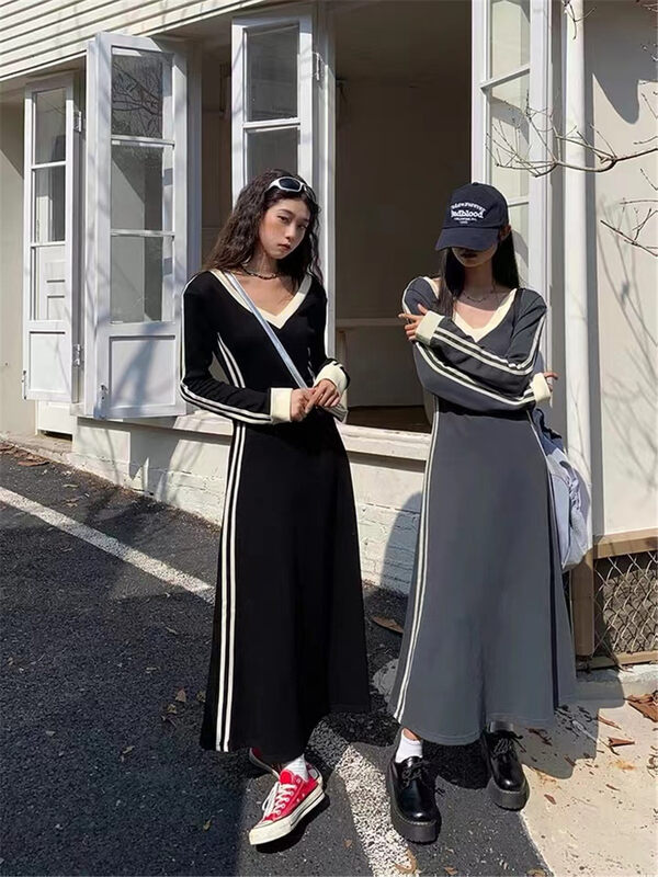 Autumn is new!【C.H.Z】V-neck contrast color side long casual dress 91295# WTT