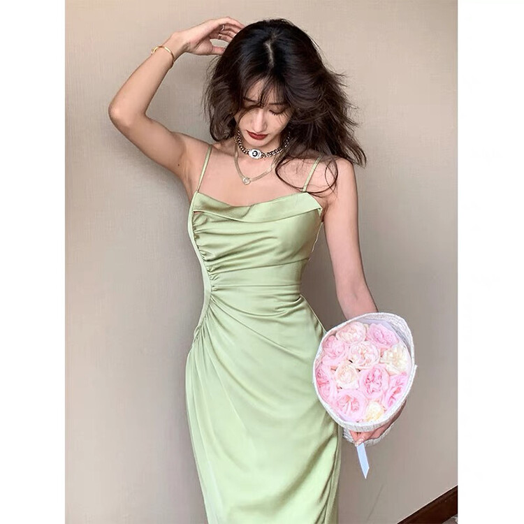 Early autumn on the new![Ou Zhengsha] Satin closed waist show thin irregular strapless sling dress 18968 # JJ