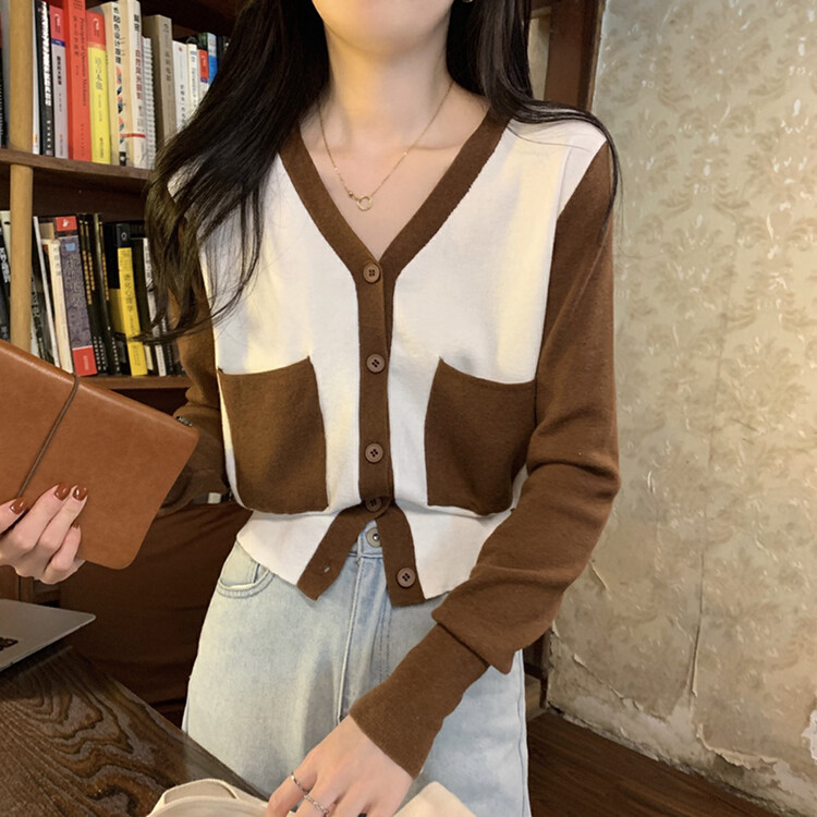 New in autumn!【F·P】Xiaoxiangfeng V-neck color-blocking double-pocket knitted cardigan B222# HBX