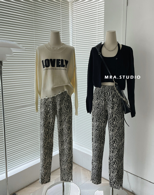 Original price: 55.27! [MRA] Big brand fan fashion zebra print show slim straight tube high waist casual pants J2373
