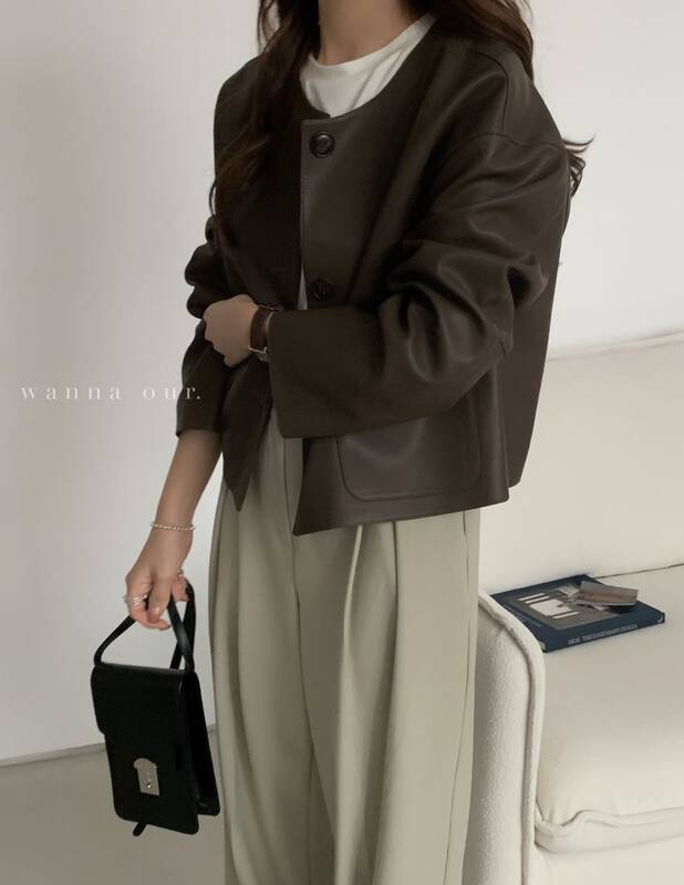 New in autumn! [WANNA] Retro round neck single-breasted fashion leather jacket 229882# ZXL